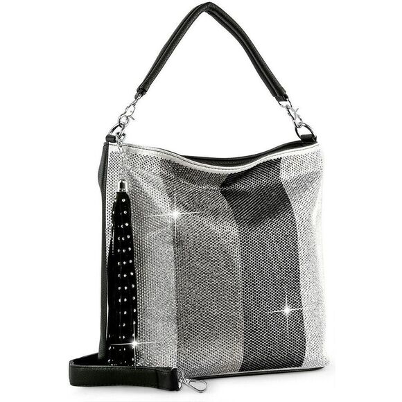 Women's Grey Rhinestone Stripe Pattern Hobo Handbag Top Handle Satchel - Picture 1 of 2